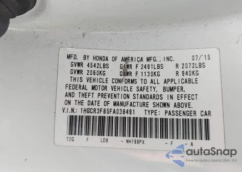 2015 Honda Accord Ex-L V-6 z USA, uszkodzony, nr VIN 1HGCR3F85FA038491